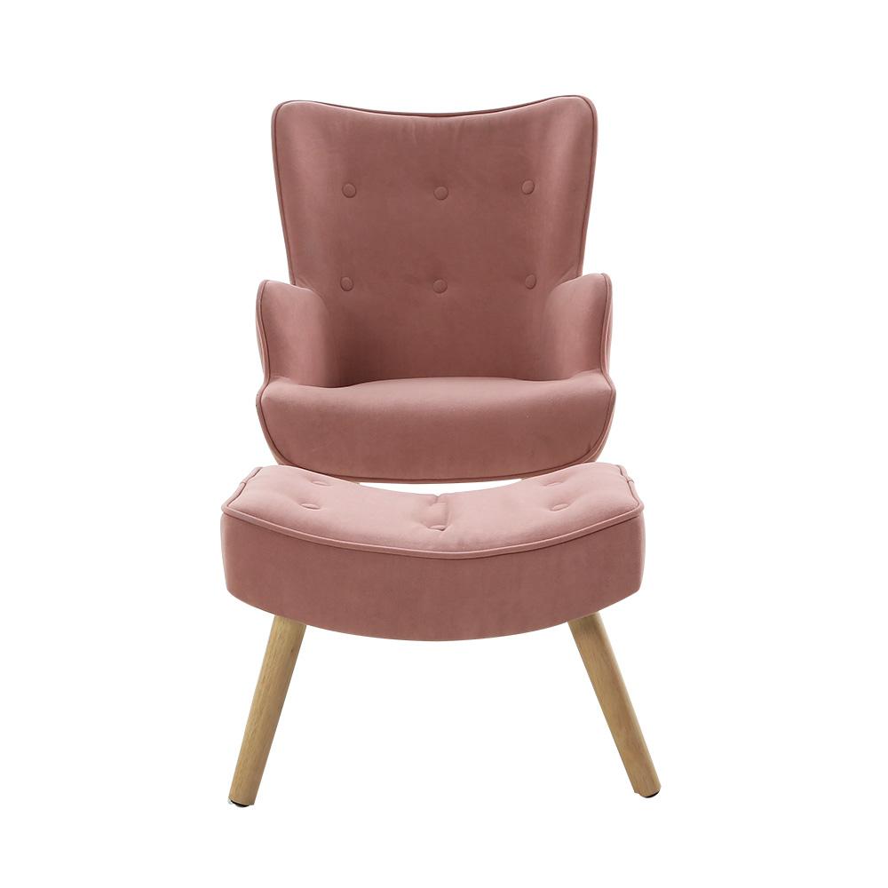 Artiss Armchair Lounge Chair with Ottoman in pink fabric, featuring tufted design and splayed rubber wood legs.