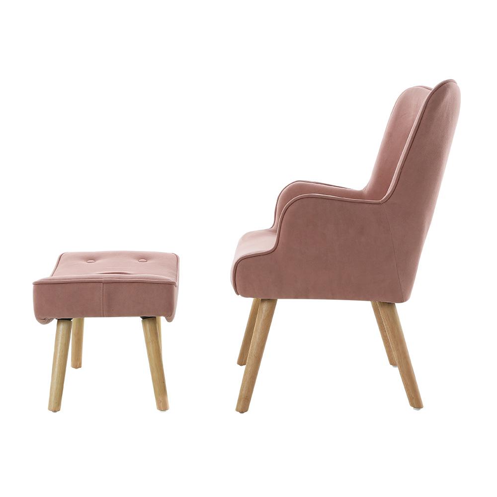 Artiss Armchair Lounge Chair with Ottoman in pink fabric, featuring tufted design and splayed rubber wood legs.