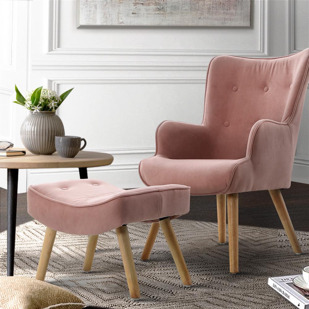 Artiss Armchair Lounge Chair with Ottoman in pink fabric, featuring tufted design and splayed rubber wood legs.