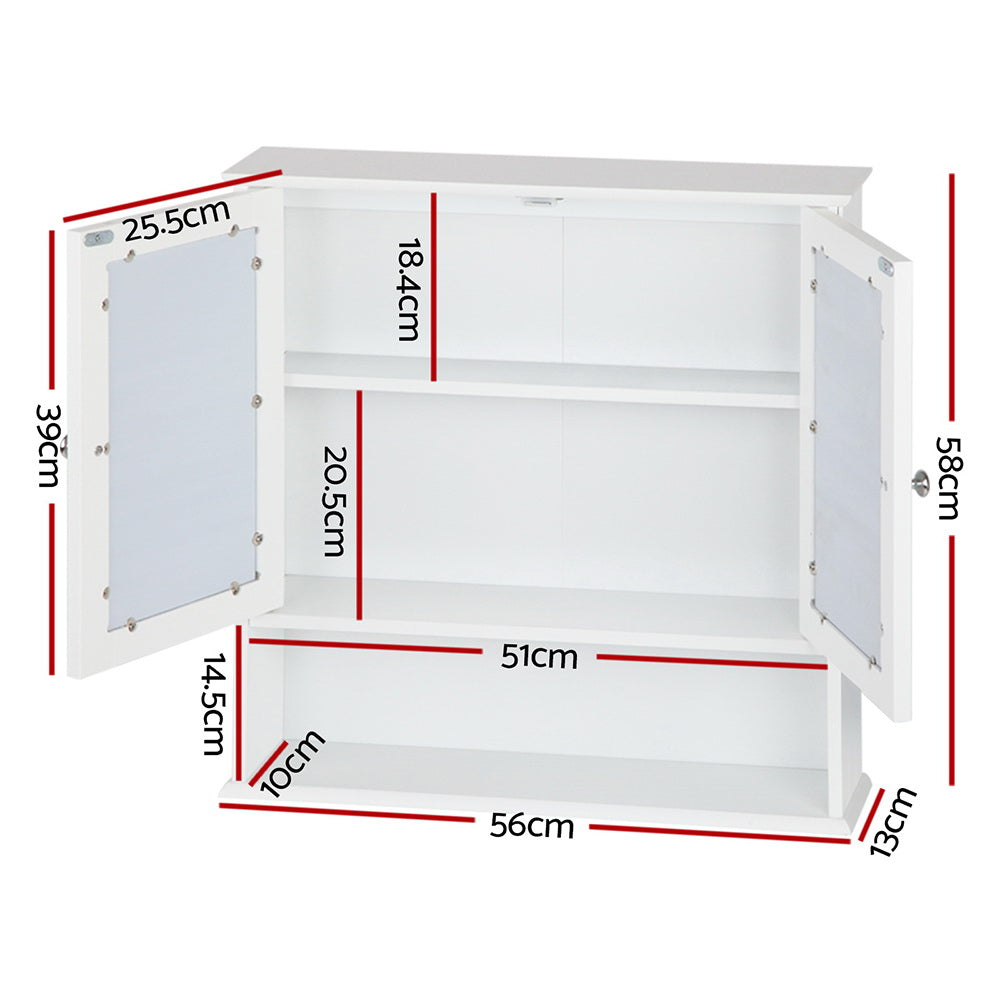 Artiss Bathroom Tallboy Storage Cabinet in white with mirror, featuring adjustable shelf and metallic handle.