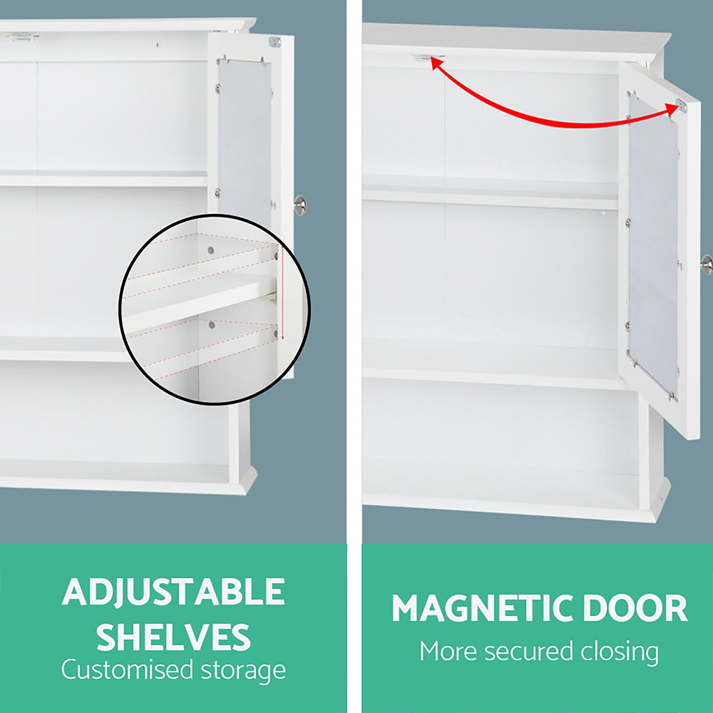 Artiss Bathroom Tallboy Storage Cabinet in white with mirror, featuring adjustable shelf and metallic handle.