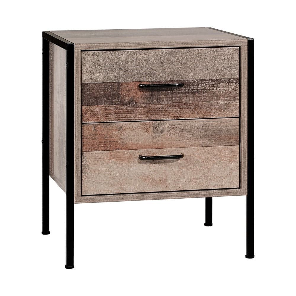 Artiss Bedside Table featuring two spacious drawers, a sturdy black metal frame, and a dark oak finish, perfect for modern interiors.