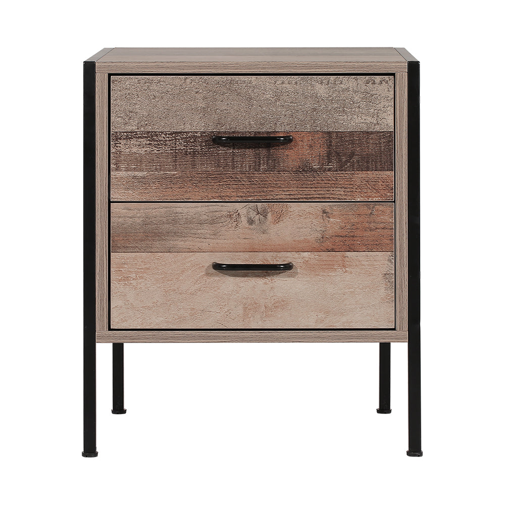 Artiss Bedside Table featuring two spacious drawers, a sturdy black metal frame, and a dark oak finish, perfect for modern interiors.