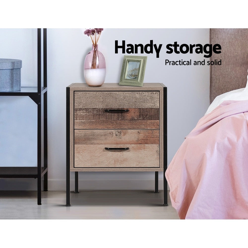 Artiss Bedside Table featuring two spacious drawers, a sturdy black metal frame, and a dark oak finish, perfect for modern interiors.
