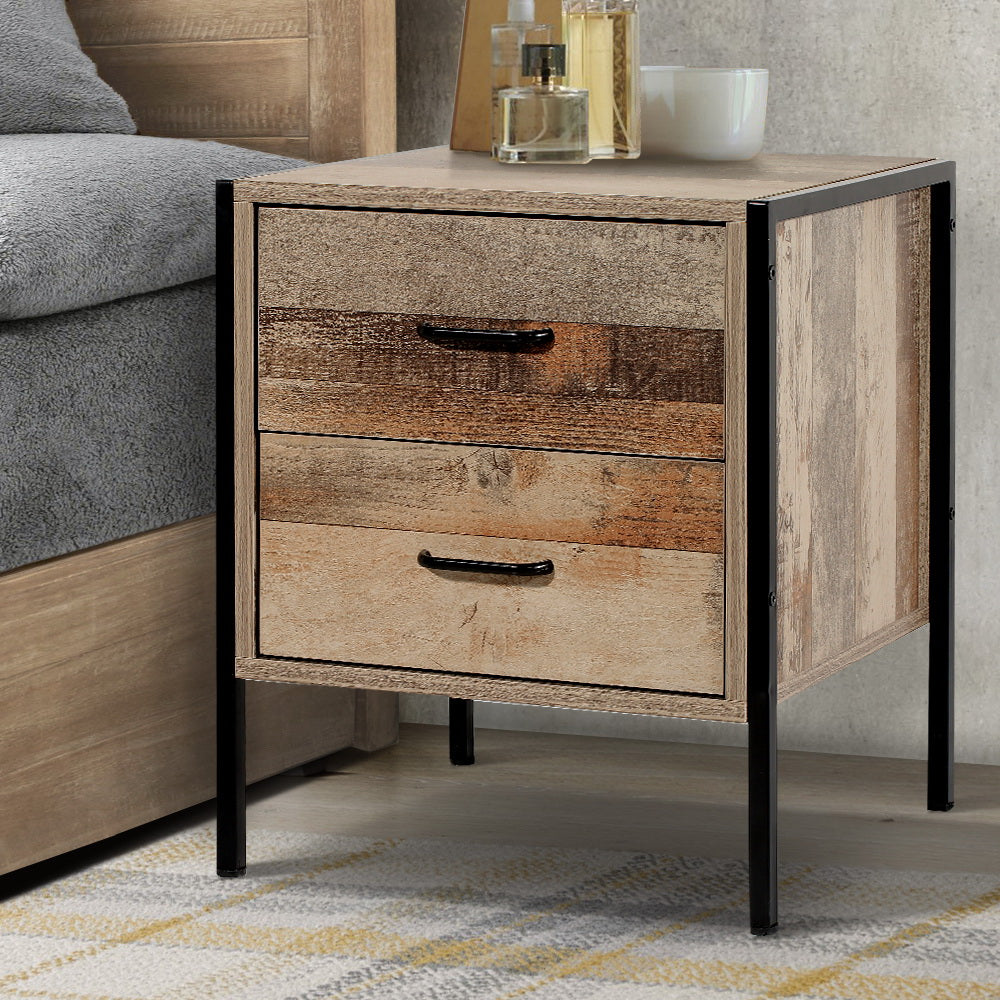 Artiss Bedside Table featuring two spacious drawers, a sturdy black metal frame, and a dark oak finish, perfect for modern interiors.