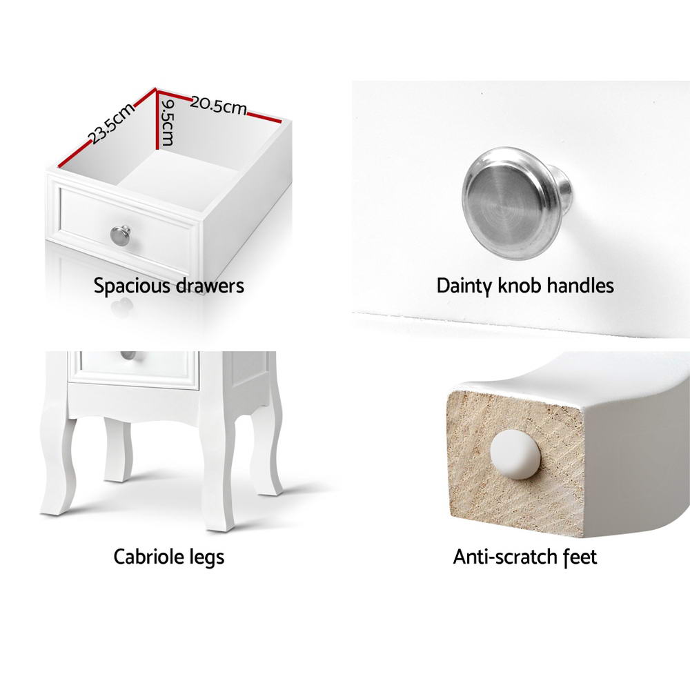 Artiss Bedside Table featuring French provincial design with two drawers and vintage-style knob handles, crafted from brushed paulownia wood.