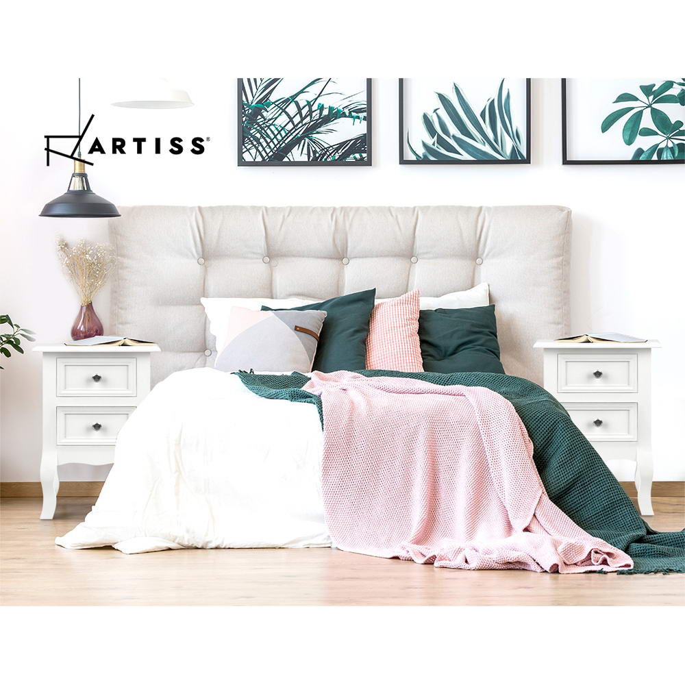 Artiss Bedside Table featuring French provincial design with two drawers and vintage-style knob handles, crafted from brushed paulownia wood.