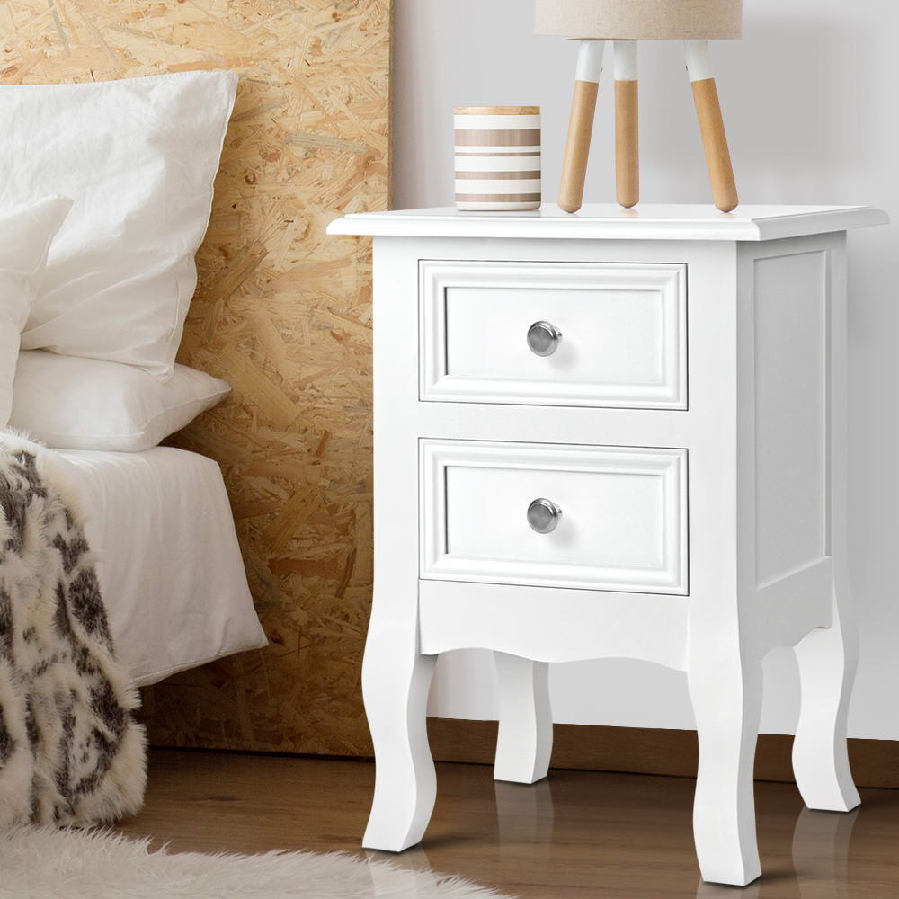 Artiss Bedside Table featuring French provincial design with two drawers and vintage-style knob handles, crafted from brushed paulownia wood.