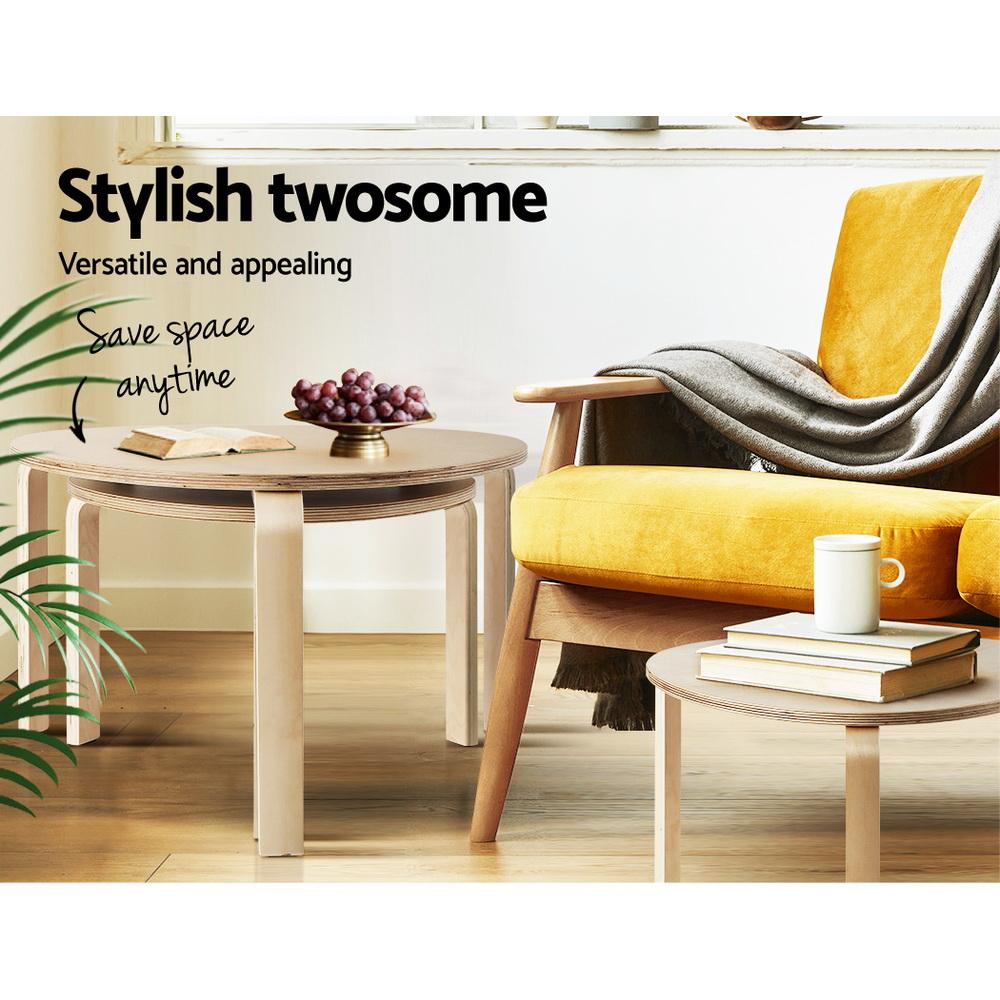 Artiss Coffee Table Nest of 2 featuring round design and clear wood grain finish, perfect for versatile home decor.