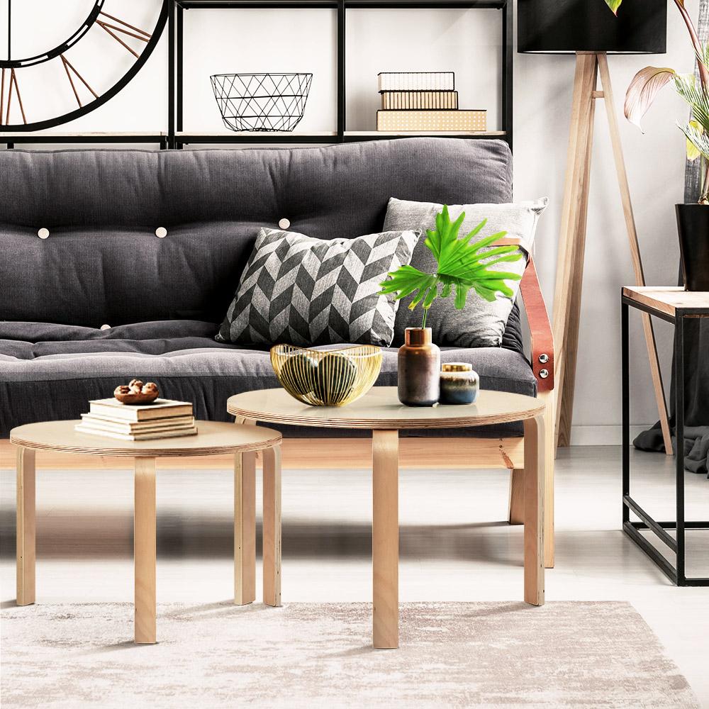 Artiss Coffee Table Nest of 2 featuring round design and clear wood grain finish, perfect for versatile home decor.