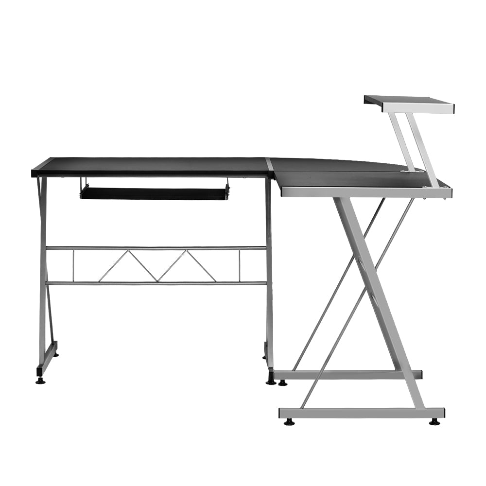Artiss Corner Metal Pull Out Table Desk in Black featuring L-shape design, pull-out keyboard tray, and sturdy steel frame.