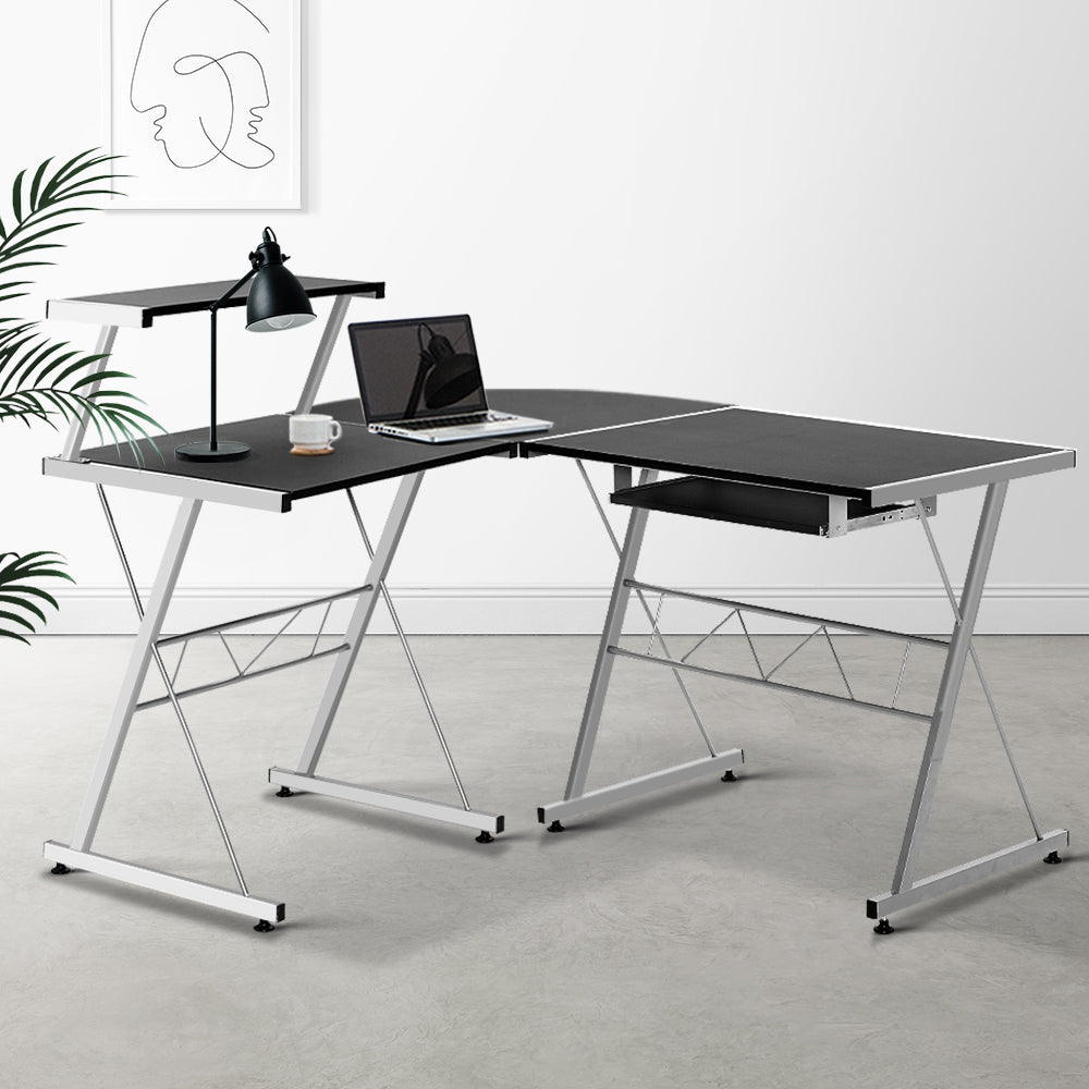 Artiss Corner Metal Pull Out Table Desk in Black featuring L-shape design, pull-out keyboard tray, and sturdy steel frame.