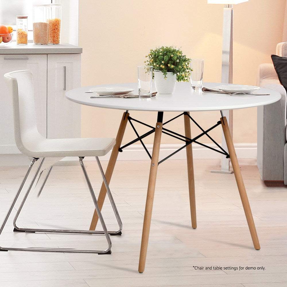 Artiss Dining Table 4 Seater Round Replica DSW with solid beech wood legs and a white MDF top, showcasing modern design and elegance.