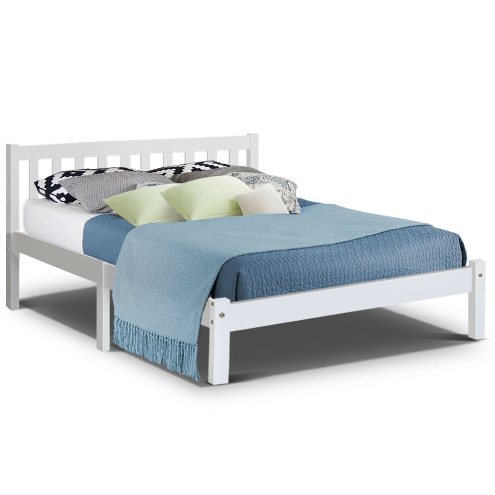 Artiss Sofie Double Full Size Wooden Bed Frame made of solid pine wood, featuring a stylish headboard and smooth edges, finished in eco-friendly white paint.