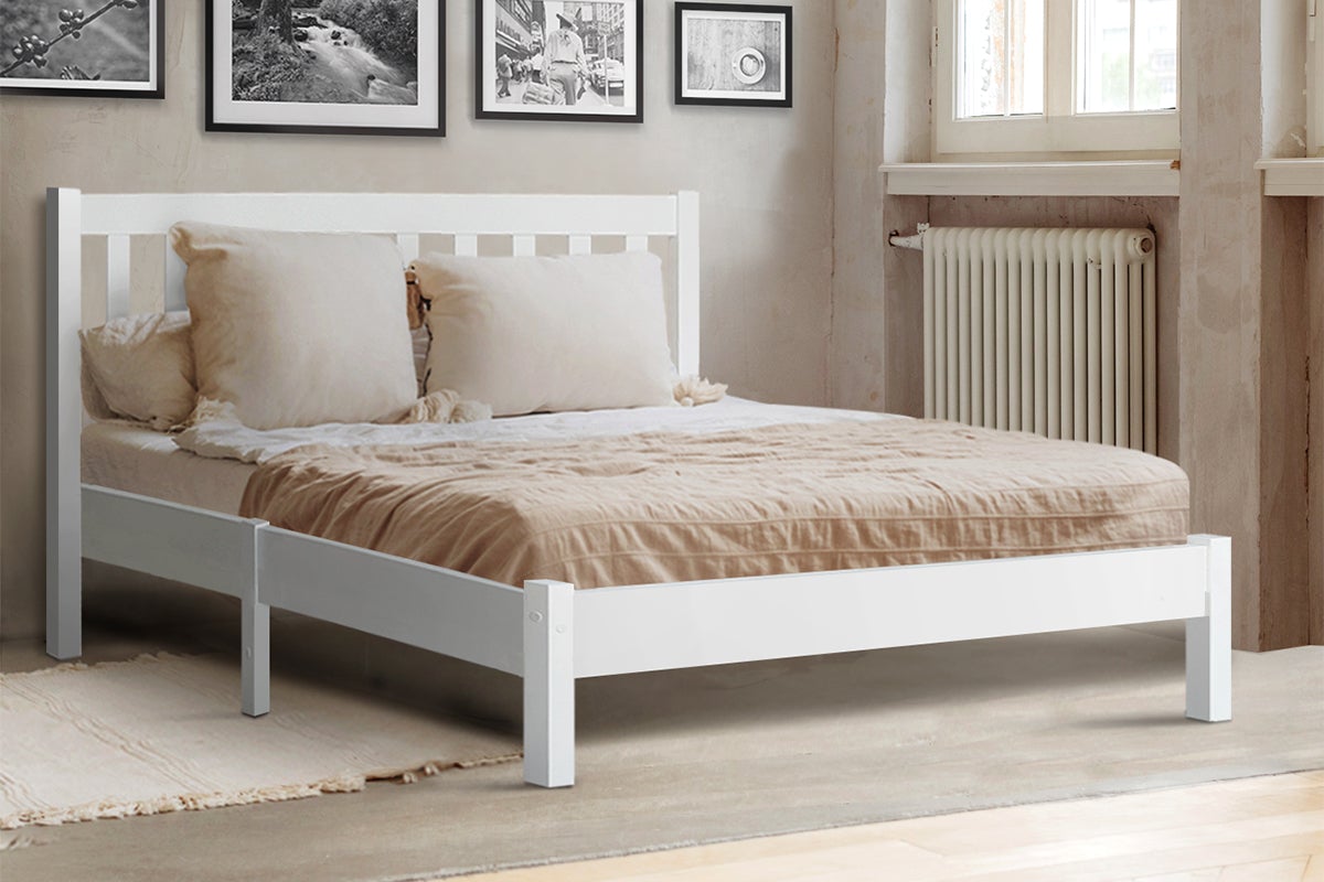Artiss Sofie Double Full Size Wooden Bed Frame made of solid pine wood, featuring a stylish headboard and smooth edges, finished in eco-friendly white paint.