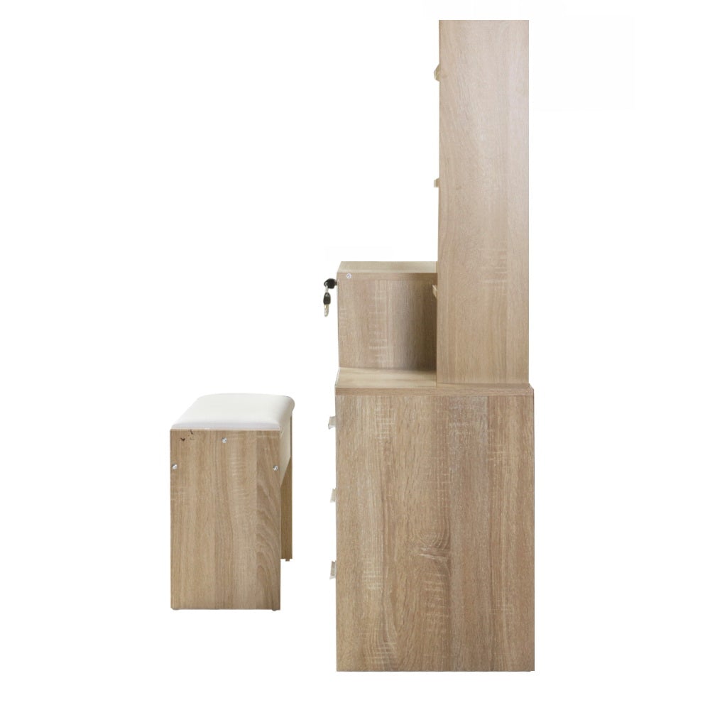 Artiss Dressing Table Mirror Stool Set featuring a sleek mirrored design, spacious drawers, and a thick padded stool in oak color.