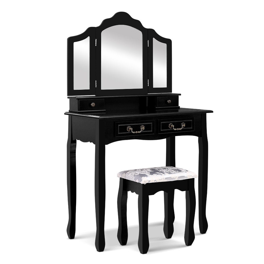 Artiss Dressing Table with Mirror in Black featuring elegant design, three-panel mirror, and padded stool.
