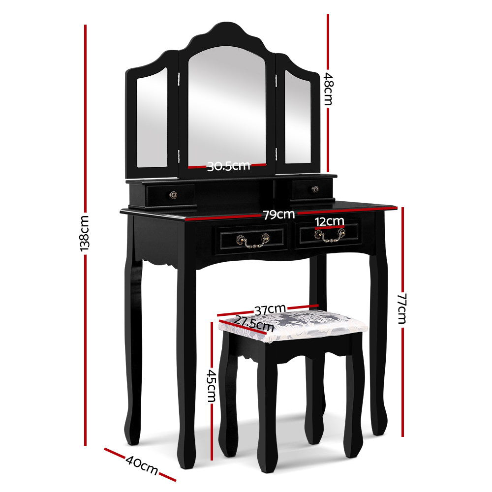 Artiss Dressing Table with Mirror in Black featuring elegant design, three-panel mirror, and padded stool.