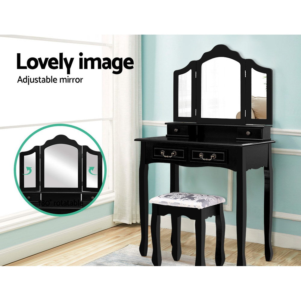 Artiss Dressing Table with Mirror in Black featuring elegant design, three-panel mirror, and padded stool.