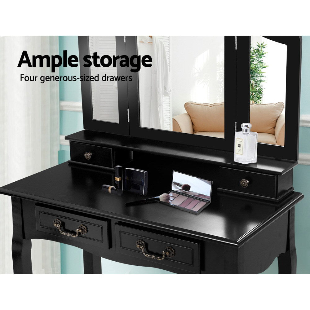 Artiss Dressing Table with Mirror in Black featuring elegant design, three-panel mirror, and padded stool.