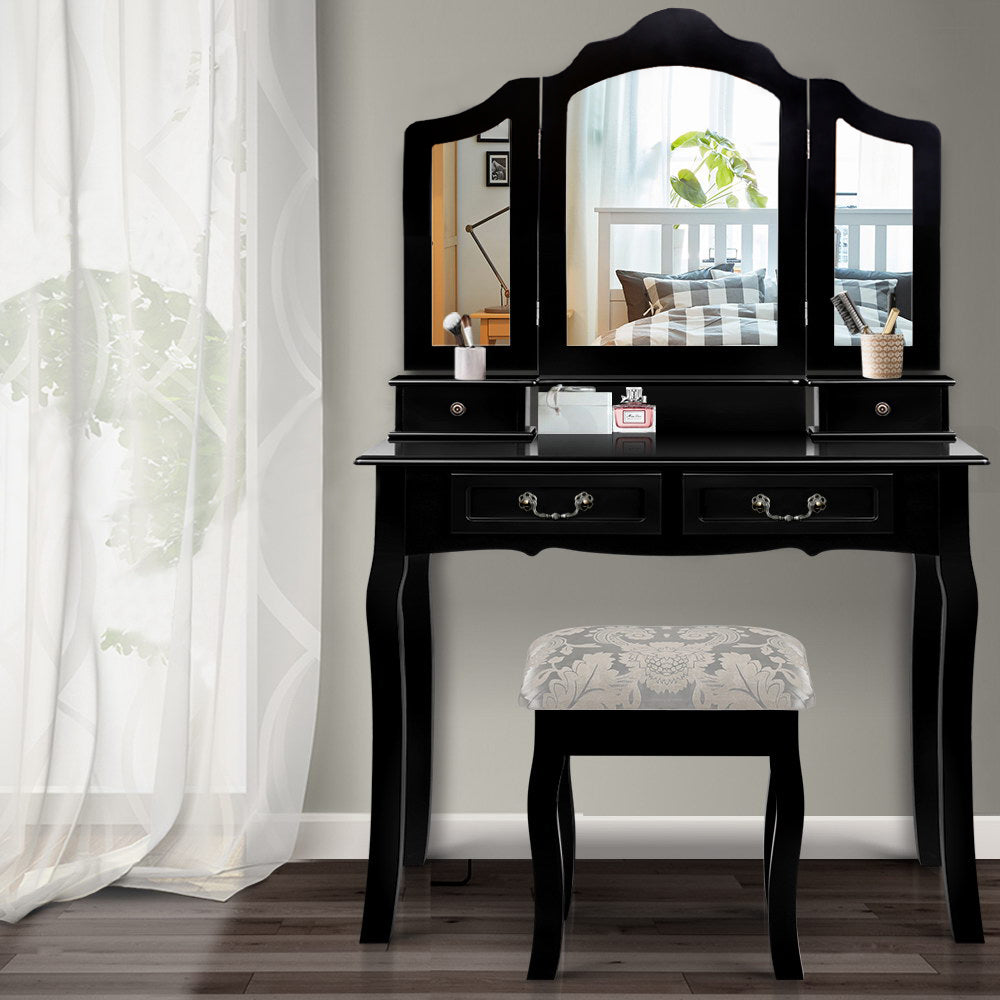 Artiss Dressing Table with Mirror in Black featuring elegant design, three-panel mirror, and padded stool.