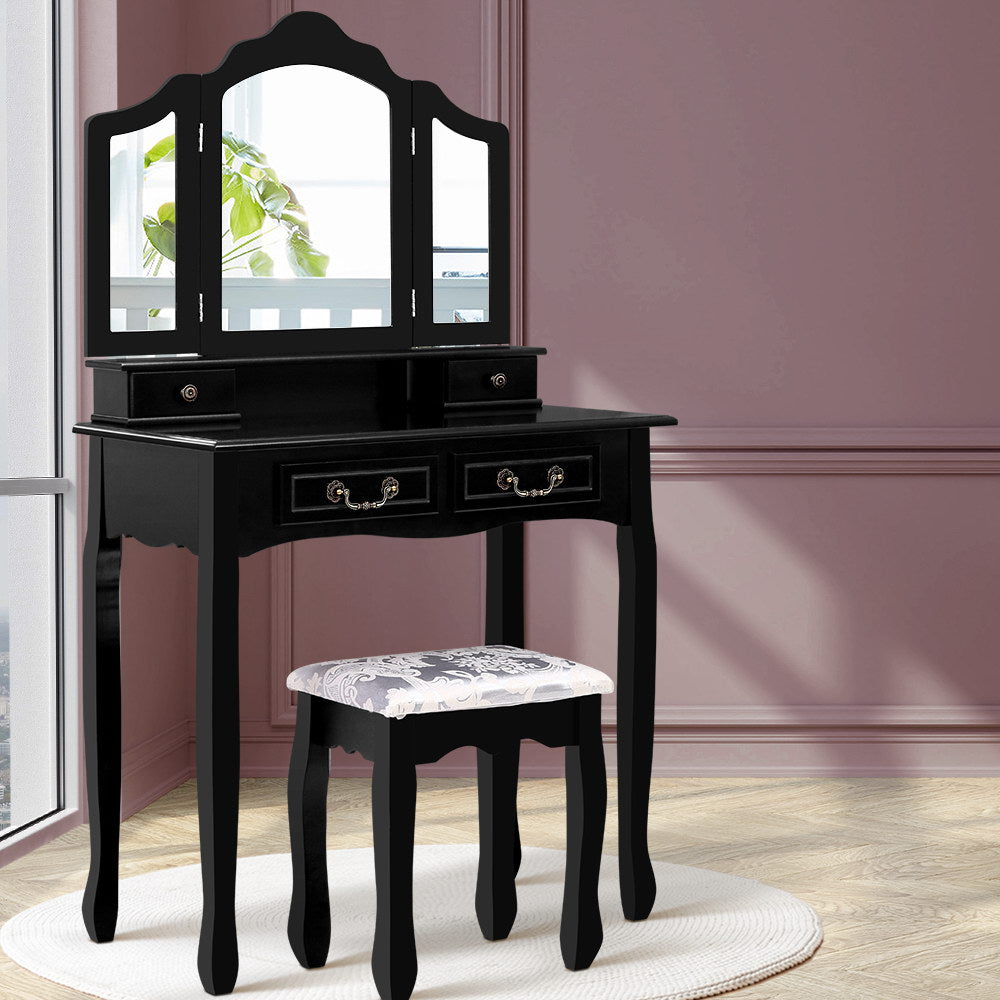 Artiss Dressing Table with Mirror in Black featuring elegant design, three-panel mirror, and padded stool.