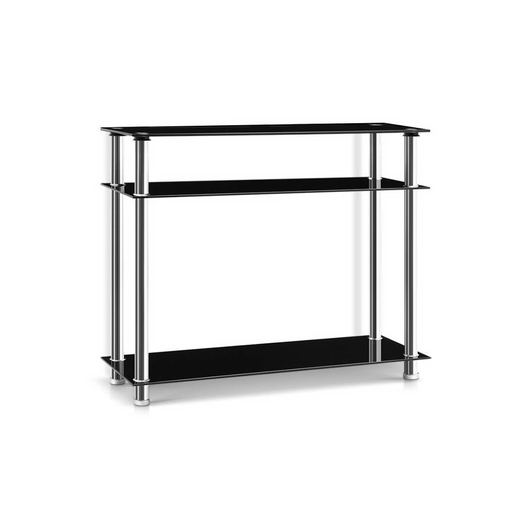 Artiss Entry Hall Console Table in Black and Silver with 3-tier glass shelves and stainless steel support.