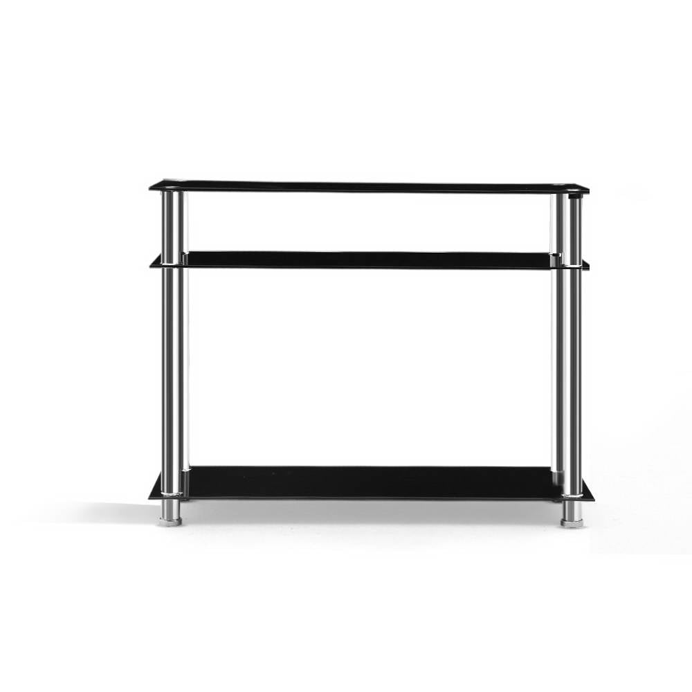 Artiss Entry Hall Console Table in Black and Silver with 3-tier glass shelves and stainless steel support.