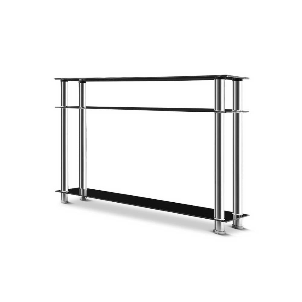 Artiss Entry Hall Console Table in Black and Silver with 3-tier glass shelves and stainless steel support.
