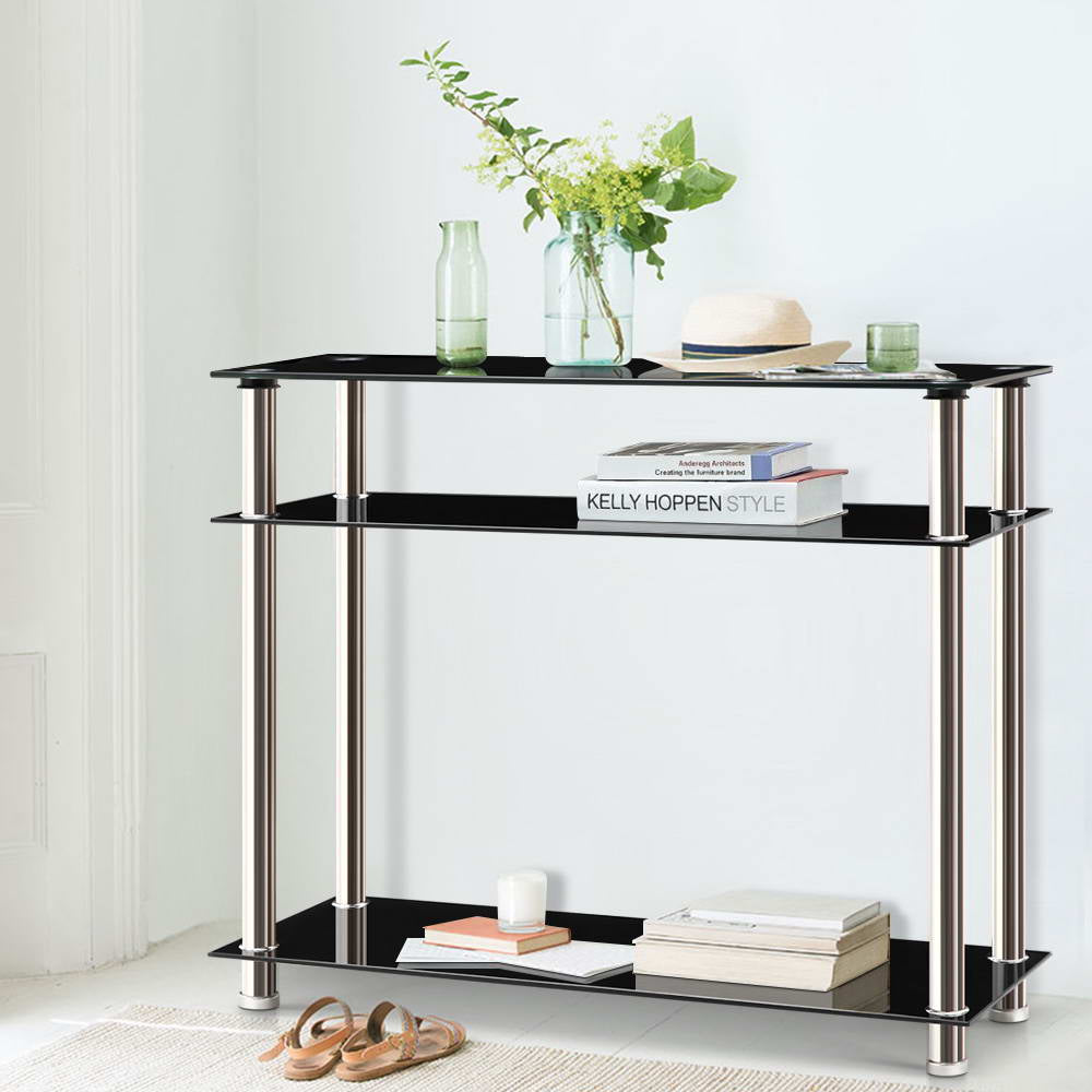 Artiss Entry Hall Console Table in Black and Silver with 3-tier glass shelves and stainless steel support.