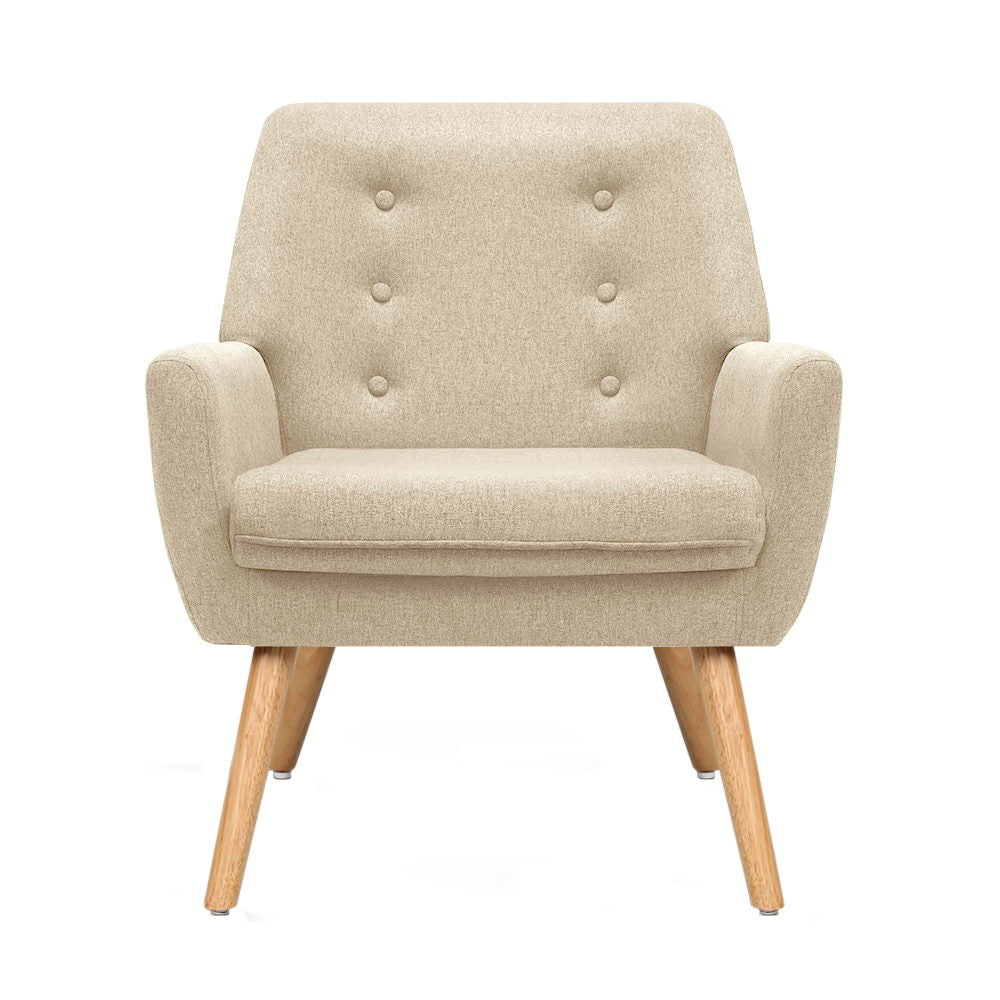 Artiss Fabric Dining Armchair in Beige with tufted backrest and rubber wood legs, showcasing its elegant design and comfort.