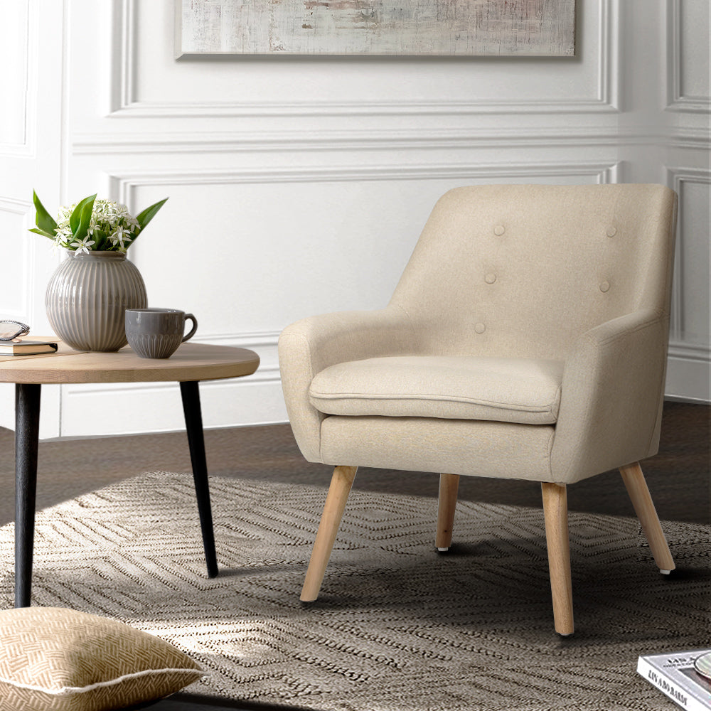 Artiss Fabric Dining Armchair in Beige with tufted backrest and rubber wood legs, showcasing its elegant design and comfort.