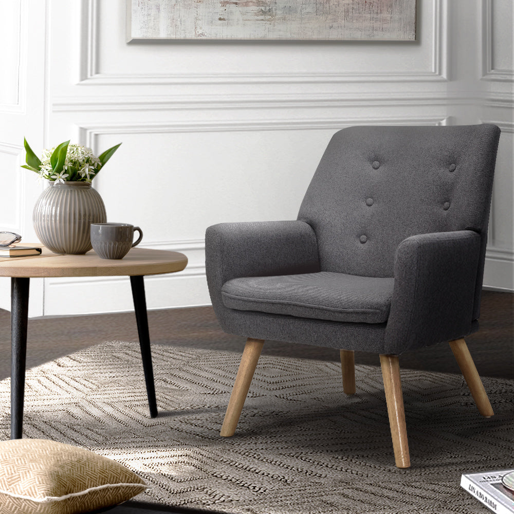 Artiss Fabric Dining Armchair in Grey with tufted backrest and rubber wood legs, showcasing its elegant design and comfort.