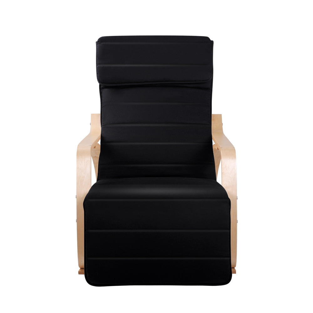 Artiss Fabric Rocking Armchair in black with adjustable footrest, showcasing ergonomic design and soft cotton fabric.