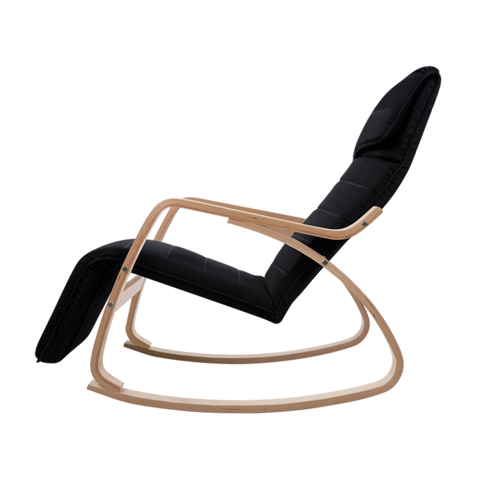 Artiss Fabric Rocking Armchair in black with adjustable footrest, showcasing ergonomic design and soft cotton fabric.