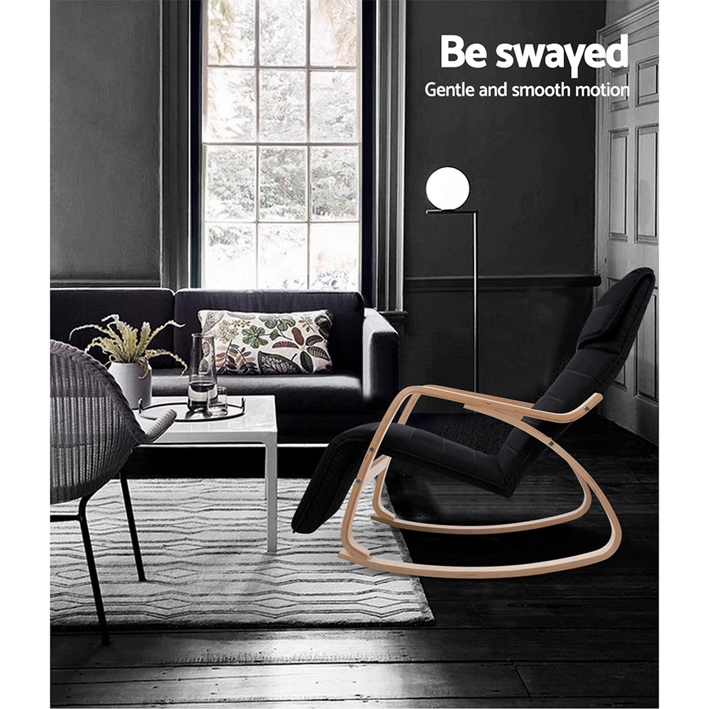 Artiss Fabric Rocking Armchair in black with adjustable footrest, showcasing ergonomic design and soft cotton fabric.