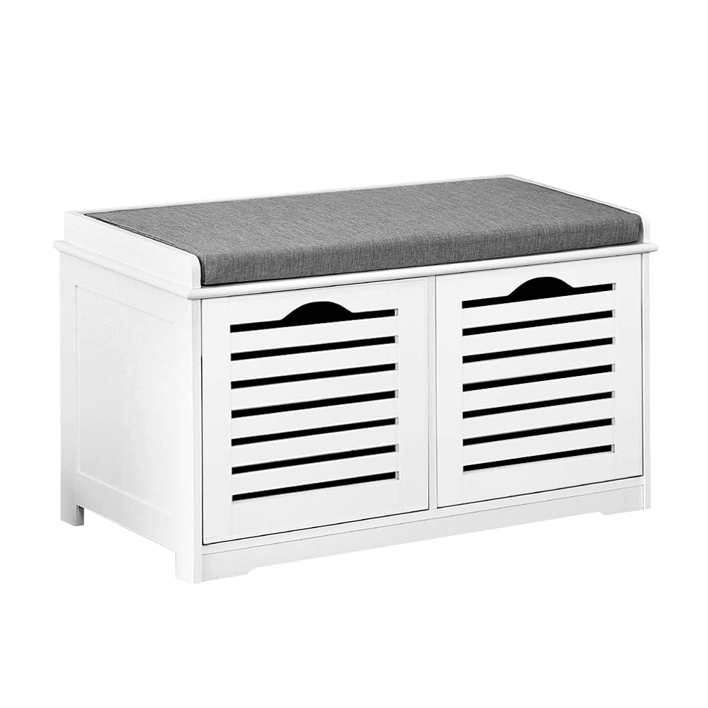 Artiss Fabric Shoe Bench with Drawers in white and grey, featuring a comfortable upholstered seat and two storage drawers.
