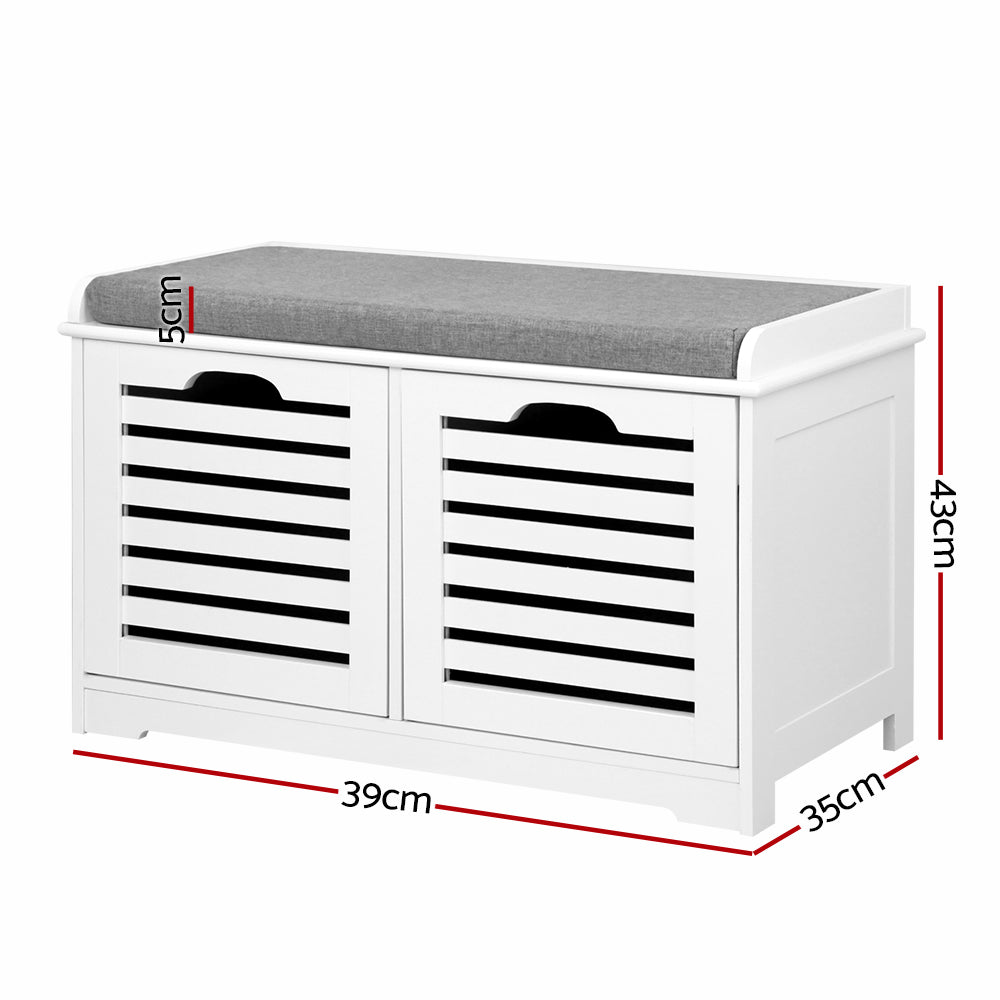 Artiss Fabric Shoe Bench with Drawers in white and grey, featuring a comfortable upholstered seat and two storage drawers.