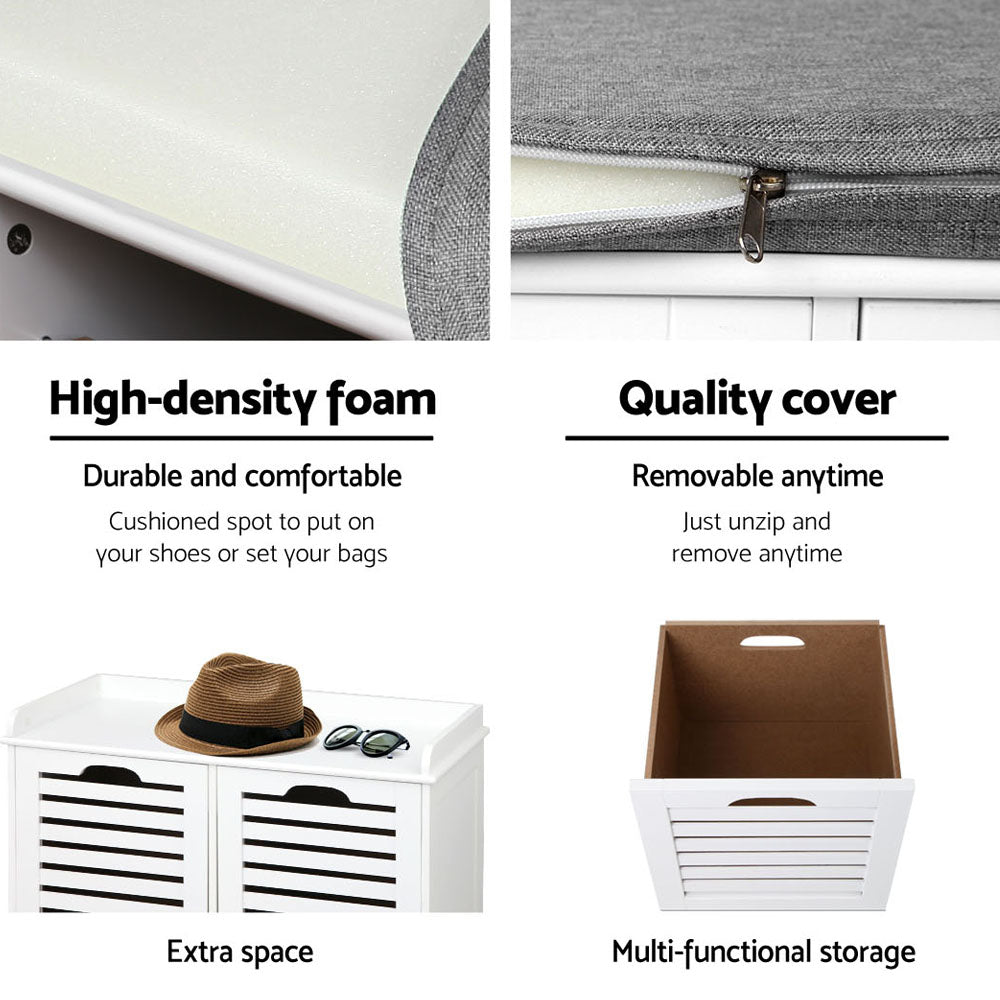 Artiss Fabric Shoe Bench with Drawers in white and grey, featuring a comfortable upholstered seat and two storage drawers.