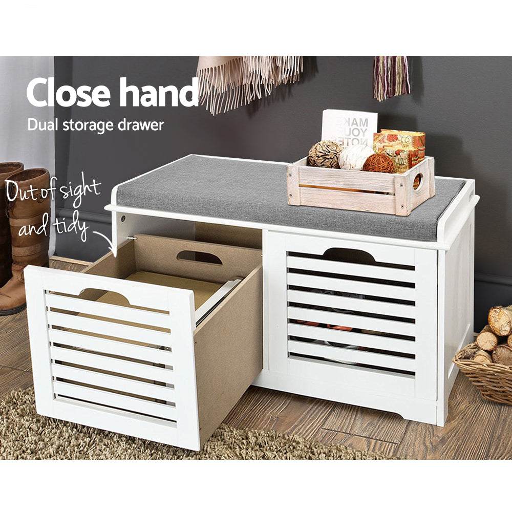 Artiss Fabric Shoe Bench with Drawers in white and grey, featuring a comfortable upholstered seat and two storage drawers.