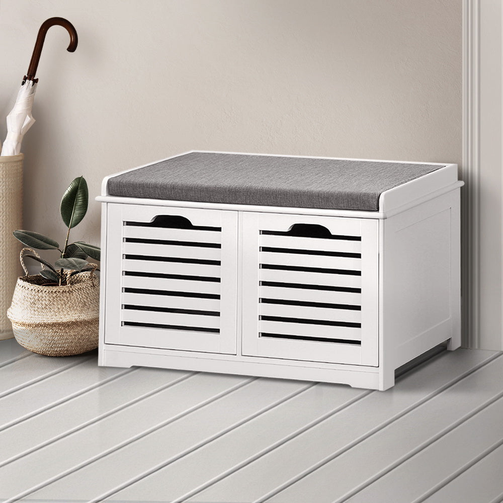 Artiss Fabric Shoe Bench with Drawers in white and grey, featuring a comfortable upholstered seat and two storage drawers.