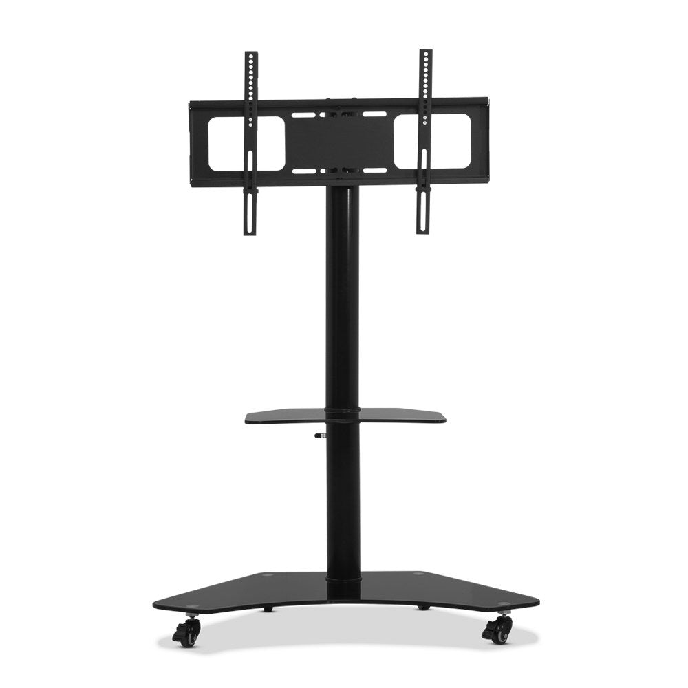Artiss Floor TV Stand with adjustable height and swivel mount, featuring a sleek black design and tempered glass shelves.