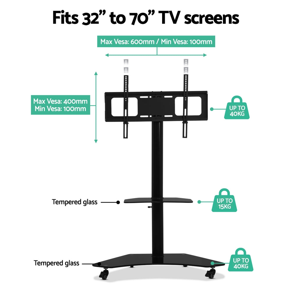 Artiss Floor TV Stand with adjustable height and swivel mount, featuring a sleek black design and tempered glass shelves.