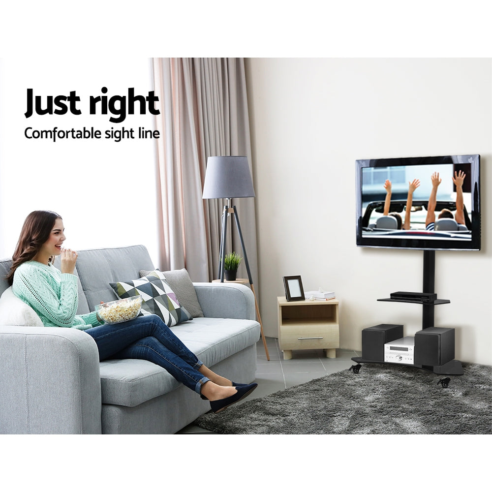Artiss Floor TV Stand with adjustable height and swivel mount, featuring a sleek black design and tempered glass shelves.