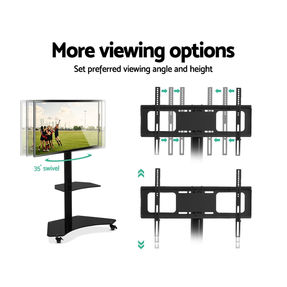 Artiss Floor TV Stand with adjustable height and swivel mount, featuring a sleek black design and tempered glass shelves.