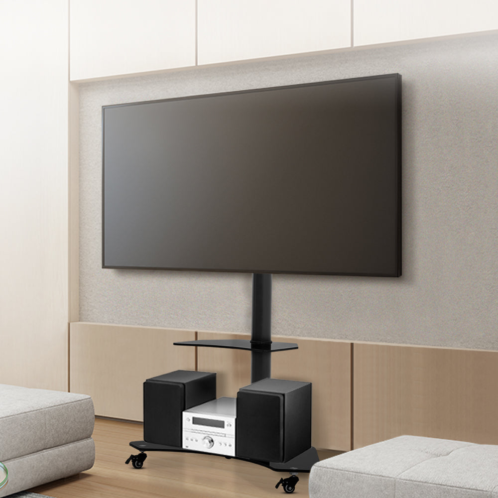 Artiss Floor TV Stand with adjustable height and swivel mount, featuring a sleek black design and tempered glass shelves.