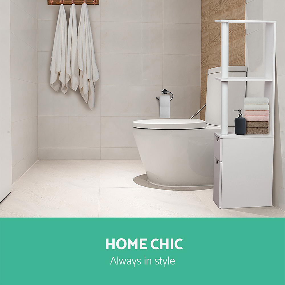 Artiss Freestanding Bathroom Storage Cabinet in White with open shelves and closed cupboards, showcasing a modern design and eco-friendly materials.