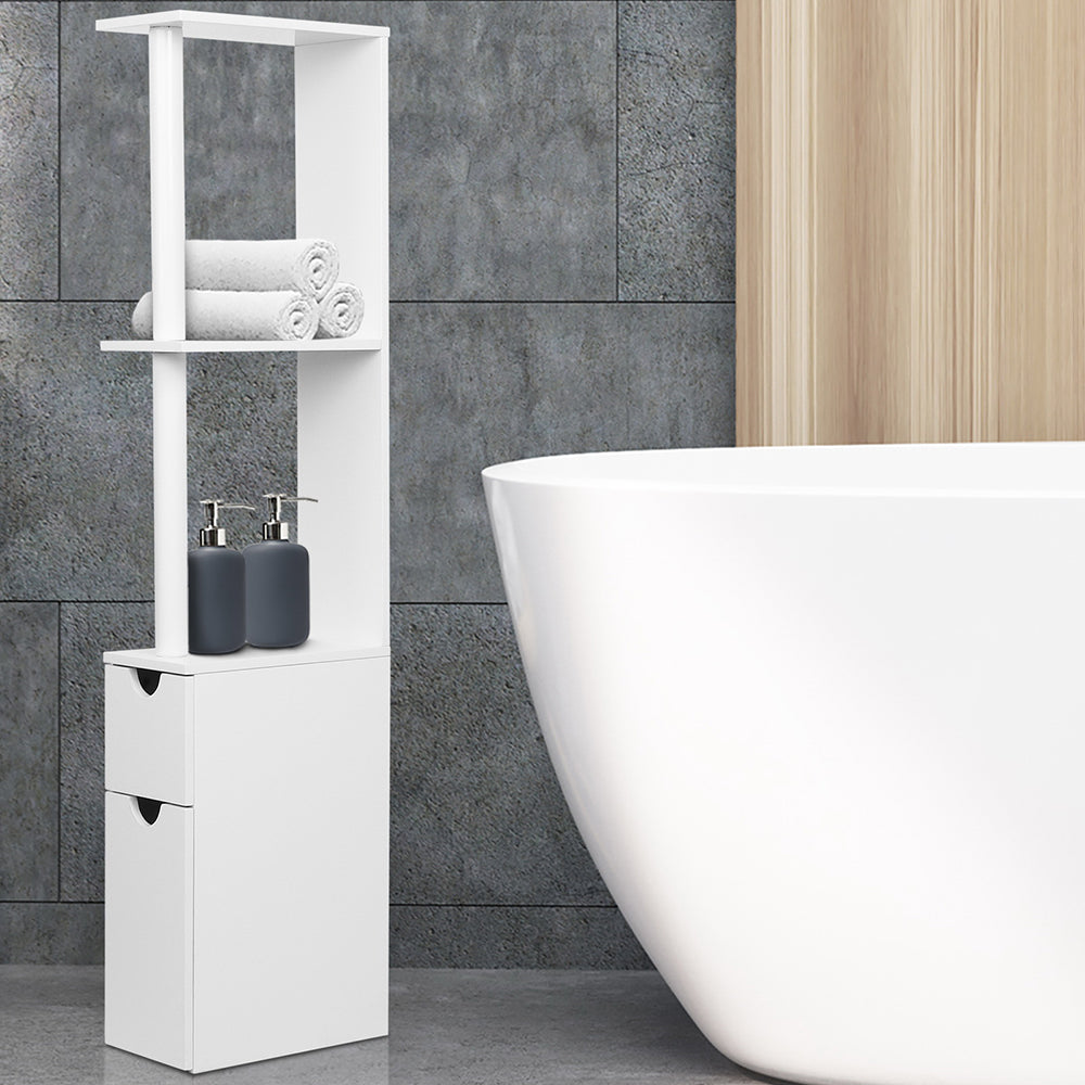 Artiss Freestanding Bathroom Storage Cabinet in White with open shelves and closed cupboards, showcasing a modern design and eco-friendly materials.