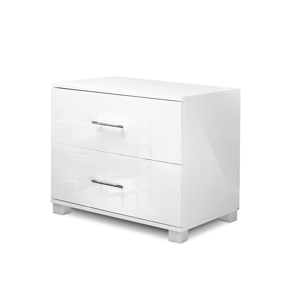 Artiss High Gloss Two Drawers Bedside Table in White with elegant aluminium handles and spacious drawers.