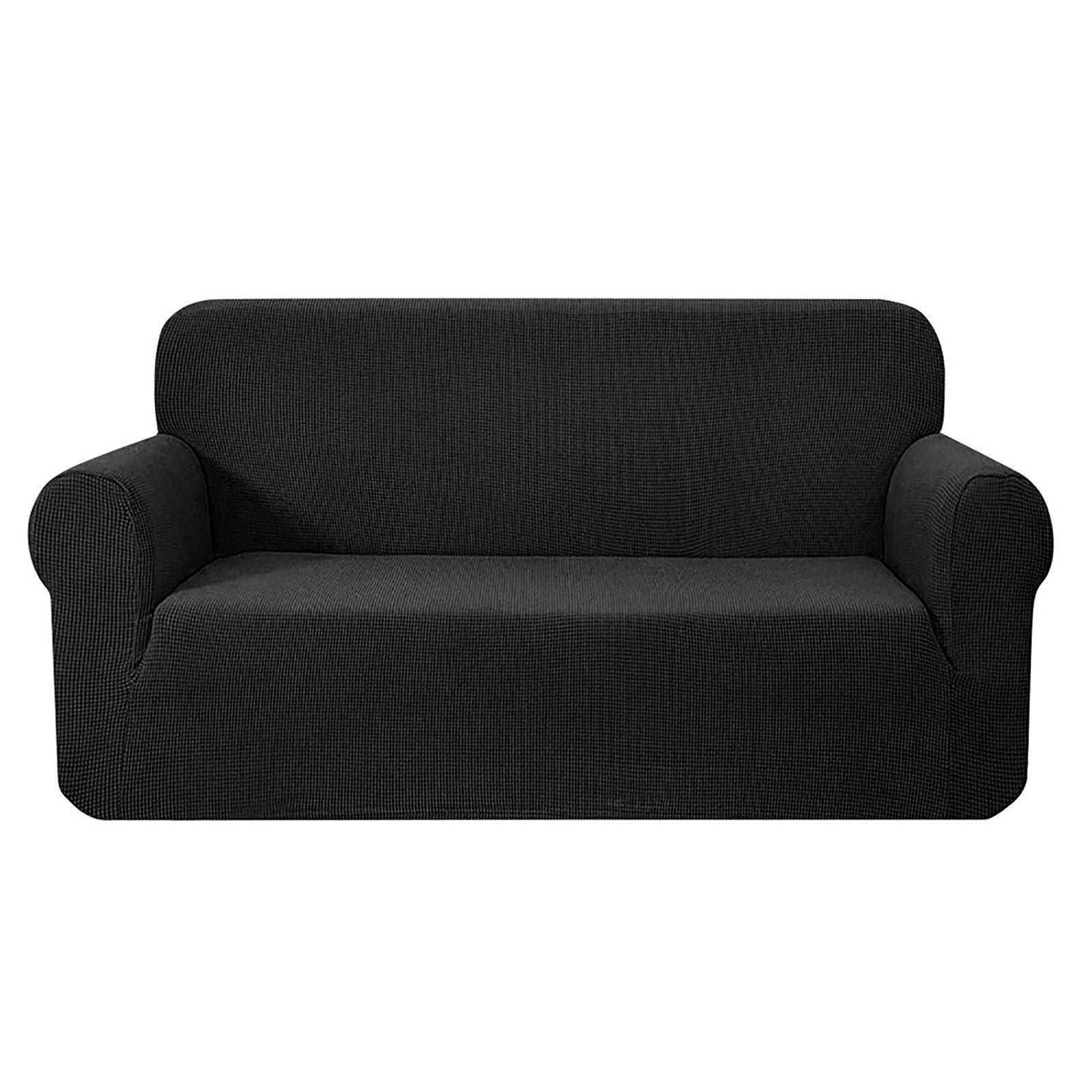 Artiss High Stretch Sofa Cover in black, showcasing its stretchy fabric and snug fit on a three-seater sofa.